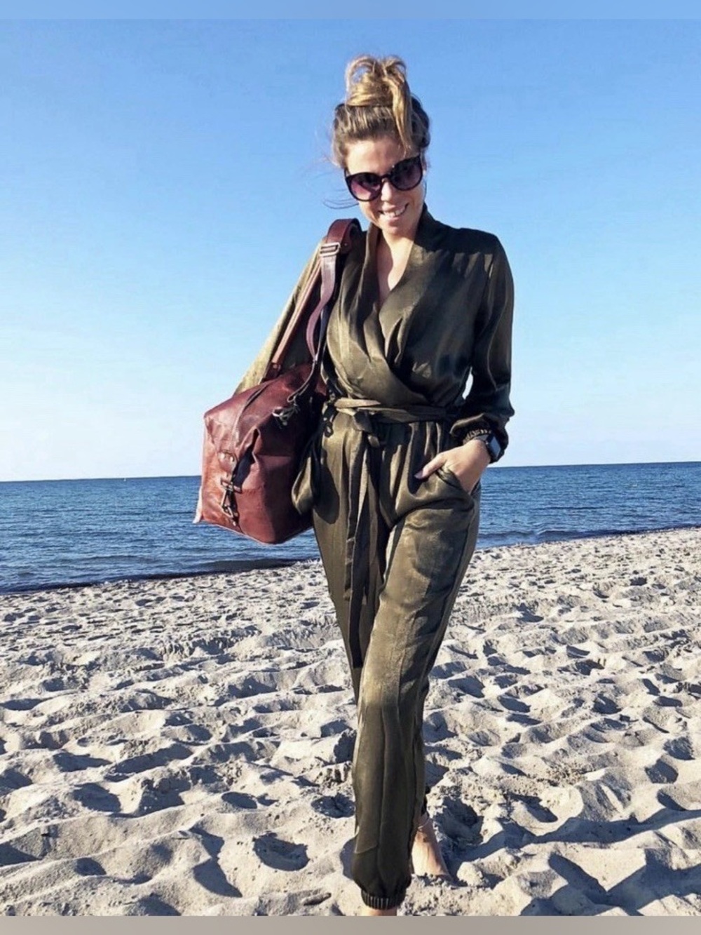 NWT. Zara ZW Collection Dark Khali Satin Effect Long Bloomer Jumpsuit. Size L. - Picture 9 of 15